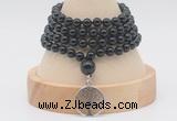 GMN2464 Hand-knotted 6mm black onyx 108 beads mala necklaces with charm