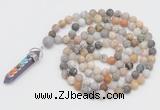 GMN2603 Hand-knotted 8mm, 10mm matte bamboo leaf agate 108 beads mala necklace with pendant