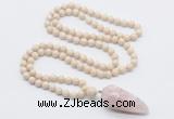 GMN4020 Hand-knotted 8mm, 10mm white fossil jasper 108 beads mala necklace with pendant