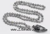 GMN4022 Hand-knotted 8mm, 10mm grey picture jasper 108 beads mala necklace with pendant