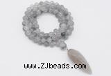 GMN4049 Hand-knotted 8mm, 10mm cloudy quartz 108 beads mala necklace with pendant