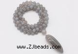 GMN4060 Hand-knotted 8mm, 10mm grey agate 108 beads mala necklace with pendant