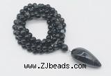 GMN4068 Hand-knotted 8mm, 10mm black banded agate 108 beads mala necklace with pendant