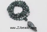 GMN4071 Hand-knotted 8mm, 10mm moss agate 108 beads mala necklace with pendant