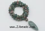 GMN4072 Hand-knotted 8mm, 10mm Indian agate 108 beads mala necklace with pendant