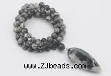 GMN4079 Hand-knotted 8mm, 10mm black water jasper 108 beads mala necklace with pendant