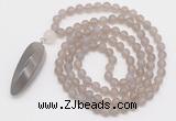GMN4207 Hand-knotted 8mm, 10mm matte grey agate 108 beads mala necklace with pendant