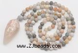 GMN4209 Hand-knotted 8mm, 10mm matte bamboo leaf agate 108 beads mala necklace with pendant