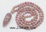 GMN4214 Hand-knotted 8mm, 10mm matte pink wooden jasper 108 beads mala necklace with pendant