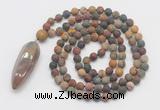 GMN4216 Hand-knotted 8mm, 10mm matte picasso jasper 108 beads mala necklace with pendant