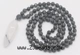 GMN4222 Hand-knotted 8mm, 10mm matte black labradorite 108 beads mala necklace with pendant