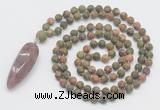 GMN4224 Hand-knotted 8mm, 10mm matte unakite 108 beads mala necklace with pendant