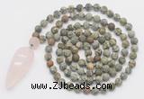 GMN4225 Hand-knotted 8mm, 10mm matte rhyolite 108 beads mala necklace with pendant