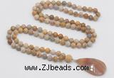 GMN4412 Hand-knotted 8mm, 10mm matte fossil coral 108 beads mala necklace with pendant