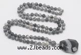 GMN4420 Hand-knotted 8mm, 10mm matte black water jasper 108 beads mala necklace with pendant