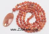 GMN4607 Hand-knotted 8mm, 10mm red banded agate 108 beads mala necklace with pendant