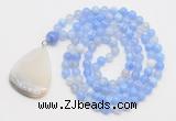 GMN4608 Hand-knotted 8mm, 10mm blue banded agate 108 beads mala necklace with pendant
