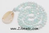 GMN4609 Hand-knotted 8mm, 10mm sea blue banded agate 108 beads mala necklace with pendant