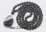 GMN4632 Hand-knotted 8mm, 10mm black lava 108 beads mala necklace with pendant
