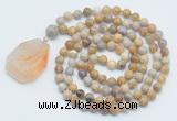 GMN4636 Hand-knotted 8mm, 10mm fossil coral 108 beads mala necklace with pendant