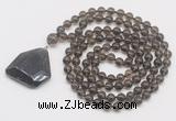 GMN4648 Hand-knotted 8mm, 10mm smoky quartz 108 beads mala necklace with pendant