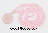 GMN4650 Hand-knotted 8mm, 10mm rose quartz 108 beads mala necklace with pendant