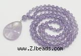 GMN4651 Hand-knotted 8mm, 10mm amethyst 108 beads mala necklace with pendant