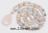 GMN4655 Hand-knotted 8mm, 10mm morganite 108 beads mala necklace with pendant