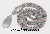 GMN4663 Hand-knotted 8mm, 10mm silver needle agate 108 beads mala necklace with pendant