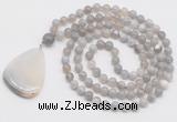 GMN4665 Hand-knotted 8mm, 10mm grey banded agate 108 beads mala necklace with pendant