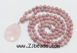 GMN4672 Hand-knotted 8mm, 10mm pink wooden jasper 108 beads mala necklace with pendant
