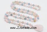 GMN4818 Hand-knotted 8mm, 10mm morganite 108 beads mala necklace with pendant