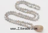 GMN4838 Hand-knotted 8mm, 10mm grey banded agate 108 beads mala necklace with pendant
