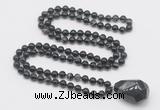 GMN4840 Hand-knotted 8mm, 10mm black banded agate 108 beads mala necklace with pendant