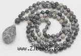 GMN4863 Hand-knotted 8mm, 10mm black water jasper 108 beads mala necklace with pendant