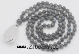 GMN4895 Hand-knotted 8mm, 10mm labradorite 108 beads mala necklace with pendant