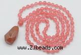 GMN4900 Hand-knotted 8mm, 10mm cherry quartz 108 beads mala necklace with pendant
