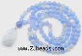 GMN4908 Hand-knotted 8mm, 10mm blue banded agate 108 beads mala necklace with pendant