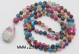 GMN4911 Hand-knotted 8mm, 10mm colorful banded agate 108 beads mala necklace with pendant