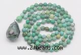 GMN4914 Hand-knotted 8mm, 10mm grass agate 108 beads mala necklace with pendant