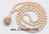 GMN4920 Hand-knotted 8mm, 10mm white fossil jasper 108 beads mala necklace with pendant