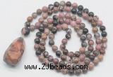GMN4936 Hand-knotted 8mm, 10mm rhodonite 108 beads mala necklace with pendant
