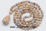 GMN5012 Hand-knotted 8mm, 10mm matte fossil coral 108 beads mala necklace with pendant