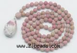 GMN5015 Hand-knotted 8mm, 10mm matte pink wooden jasper 108 beads mala necklace with pendant