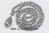 GMN5020 Hand-knotted 8mm, 10mm matte grey picture jasper 108 beads mala necklace with pendant