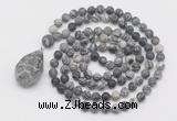 GMN5021 Hand-knotted 8mm, 10mm matte black water jasper 108 beads mala necklace with pendant