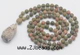GMN5025 Hand-knotted 8mm, 10mm matte unakite 108 beads mala necklace with pendant