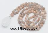 GMN5031 Hand-knotted 8mm, 10mm matte sunstone 108 beads mala necklace with pendant