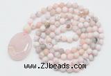 GMN5057 Hand-knotted 8mm, 10mm matte natural pink opal 108 beads mala necklace with pendant