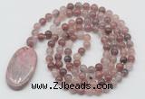 GMN5060 Hand-knotted 8mm, 10mm purple strawberry quartz 108 beads mala necklace with pendant